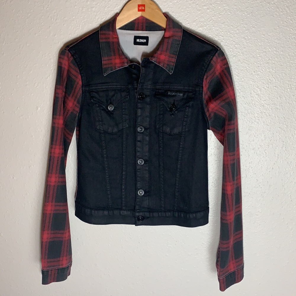 Rare HUDSON jean’s black & red buffalo check denim Jean Jacket Sz S Stretch - Picture 9 of 13